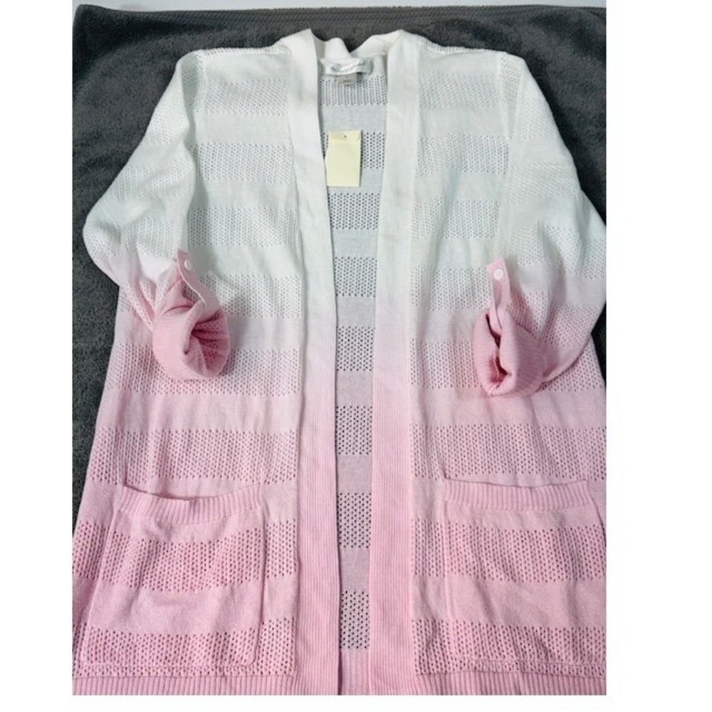 Christopher & Banks Med Pink Ombre Pointelle Open Cardigan Sweater Spring NWT